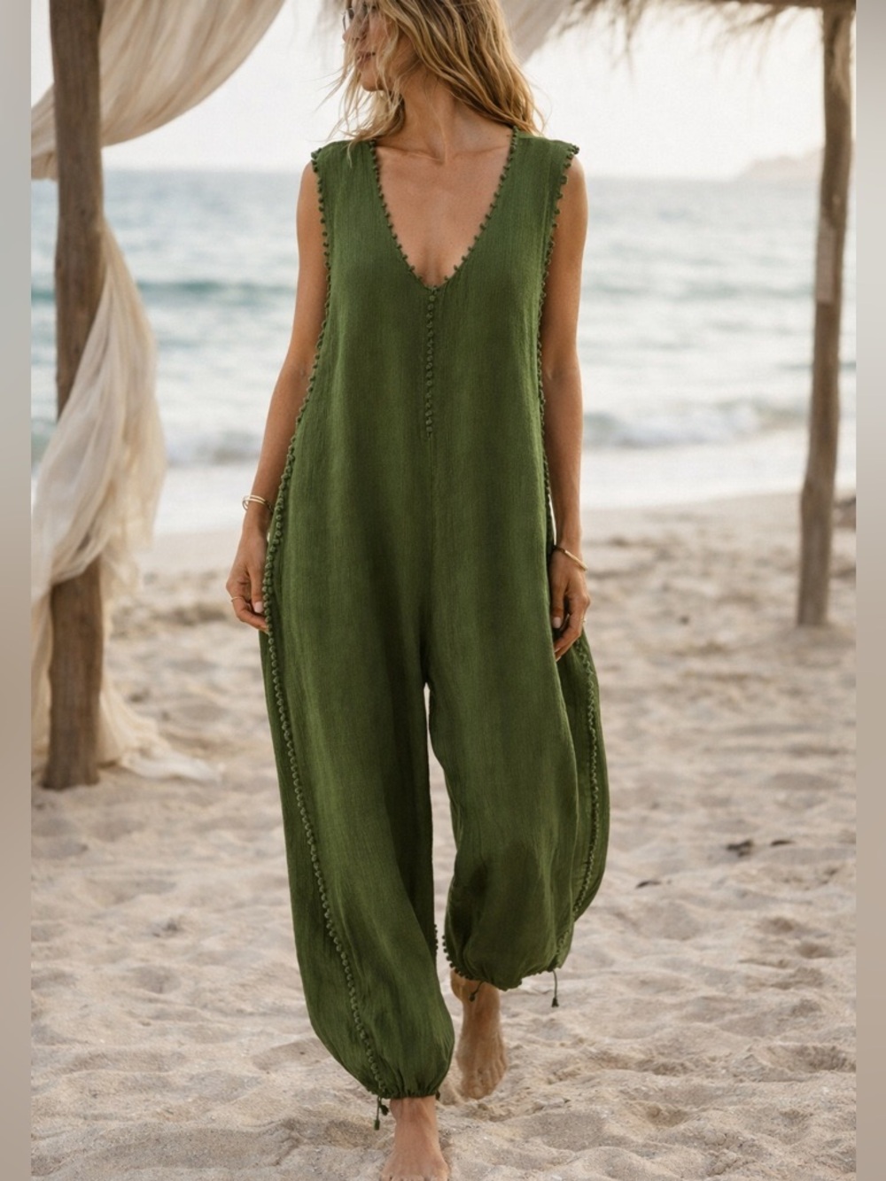 Caravana Gauze Jumpsuit Military Green One Size Boho Resort Tulum Luxe